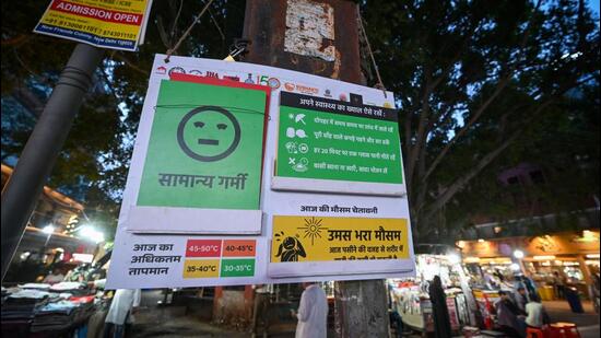 A heat awareness board at New Friends Colony Market in New Delhi on Friday. (Sanchit Khanna/HT Photo)