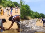 The locals run along the water, showering flowers onto it and folding their hands to welcome the river's water.