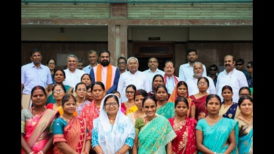 Bihar chief minister Nitish Kumar with Deputy CMs Samrat Choudhary and Vijay Kumar Sinha and others poses for pictures after the 'Mahila Samvad' program in Patna on Saturday. (PTI) Bihar chief minister Nitish Kumar with Deputy CMs Samrat Choudhary and Vijay Kumar Sinha and others poses for pictures after the 'Mahila Samvad' program in Patna on Saturday. (PTI)