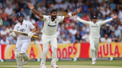 Jasprit Bumrah had three wickets, but it could and should have been more, as Yashasvi Jaiswal dropped a tough but manageable chance off centurion Ollie Pope, before Bumrah caused some self-inflicted damage in the last over of the day by dismissing Harry Brook, only to have been caught over-stepping. (AP) Jasprit Bumrah had three wickets, but it could and should have been more, as Yashasvi Jaiswal dropped a tough but manageable chance off centurion Ollie Pope, before Bumrah caused some self-inflicted damage in the last over of the day by dismissing Harry Brook, only to have been caught over-stepping. (AP)
