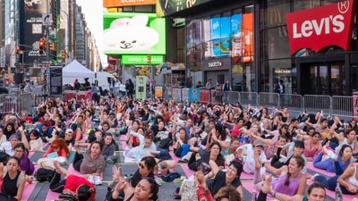 A vibrant yoga session was held at Times Square by CGI New York to mark International Yoga Day. (X/@IndiainNewYork) A vibrant yoga session was held at Times Square by CGI New York to mark International Yoga Day. (X/@IndiainNewYork)