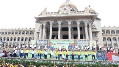 A large gathering took place outside Bengaluru's Vidhana Soudha on International Yoga Day. A large gathering took place outside Bengaluru's Vidhana Soudha on International Yoga Day.