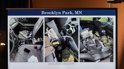 Images of weapons found in a vehicle associated to Vance Boelter is displayed as the U.S. Attorney's Office announces plans to charge Boelter.   REUTERS/Tim Evans (REUTERS)