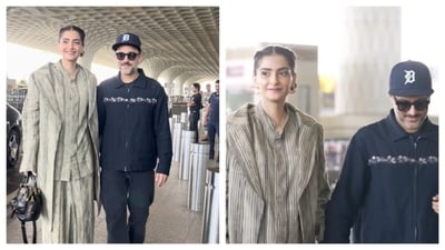 Sonam Kapoor with Anand Ahuja at Mumbai airport. (Instagram/ mj.vishal and starspotter.india) Sonam Kapoor with Anand Ahuja at Mumbai airport. (Instagram/ mj.vishal and starspotter.india)
