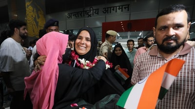 An Indian student returning from Mashhad, Iran, as part of the government's Operation Sindhu, meets her family at Delhi airport. (PTI) An Indian student returning from Mashhad, Iran, as part of the government's Operation Sindhu, meets her family at Delhi airport. (PTI)