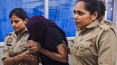 Sonam Raghuvanshi, the Indore woman accused of plotting her husband's murder during their honeymoon in Meghalaya, being brought for medical examination at a hospital, in Ghazipur. (PTI file photo) Sonam Raghuvanshi, the Indore woman accused of plotting her husband's murder during their honeymoon in Meghalaya, being brought for medical examination at a hospital, in Ghazipur. (PTI file photo)