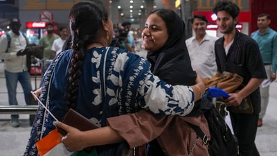 Indian students returning from Iran via Armenia, under an evacuation operation facilitated by the Government of India, react as they meet their relatives while exiting from the Indira Gandhi International Airport, in New Delhi, Thursday, June 19, 2025. (PTI ) Indian students returning from Iran via Armenia, under an evacuation operation facilitated by the Government of India, react as they meet their relatives while exiting from the Indira Gandhi International Airport, in New Delhi, Thursday, June 19, 2025. (PTI )