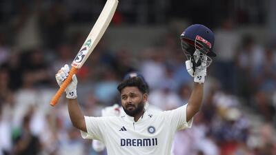 Rishabh Pant celebrates after scoring a century on Day 2 of the first Test against England in Leeds on Saturday. (AP) Rishabh Pant celebrates after scoring a century on Day 2 of the first Test against England in Leeds on Saturday. (AP)