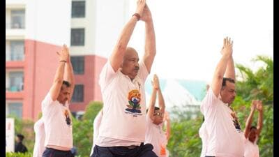 Uttar Pradesh director general of police Rajeev Krishna performing yoga at state police headquarters on June 21. (Sourced) Uttar Pradesh director general of police Rajeev Krishna performing yoga at state police headquarters on June 21. (Sourced)