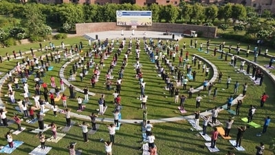 The event at IIM Kashipur began with a 90-minute guided yoga practice held at the Amphitheatre, IIM Kashipur. (Handout) The event at IIM Kashipur began with a 90-minute guided yoga practice held at the Amphitheatre, IIM Kashipur. (Handout)
