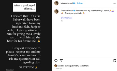 Lataa Saberwal requets peace after separation from Sanjeev Seth. Lataa Saberwal requets peace after separation from Sanjeev Seth.