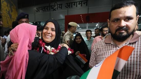 Walking out of Gate Number 6, some of the evacuees chanted ‘Bharat Mata ki Jai’ and ‘Hindustan Zindabad’, while others broke down upon seeing their families (PTI)