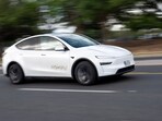 A vehicle Tesla is using for robotaxi testing purposes on Oltorf Street in Austin A vehicle Tesla is using for robotaxi testing purposes on Oltorf Street in Austin