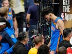 Chet Holmgren walks of the court after losing the Indiana Pacers in game six of the 2025 NBA Finals between the Oklahoma City Thunder and the Indiana Pacers at Gainbridge Fieldhouse.