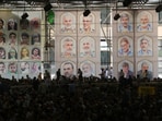 A banner shows pictures of top Iranian officials and military heads who were killed in Israeli strikes