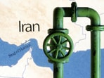 A map showing the Strait of Hormuz and Iran is seen behind a 3D printed oil pipeline in this illustration taken June 22, 2025.