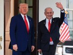 US President Donald Trump with Israeli Prime Minister Benjamin Netanyahu in the White House, in Washington, U.S., April 7, 2025.