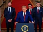 US Vice President JD Vance, from left, US President Donald Trump, Marco Rubio, US secretary of state, and Pete Hegseth, US secretary of defense, during an address to the nation in the East Room of the White House in Washington US Vice President JD Vance, from left, US President Donald Trump, Marco Rubio, US secretary of state, and Pete Hegseth, US secretary of defense, during an address to the nation in the East Room of the White House in Washington