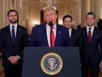 US Vice President JD Vance, from left, US President Donald Trump, Marco Rubio, US secretary of state, and Pete Hegseth, US secretary of defense, during an address to the nation in the East Room of the White House in Washington, DC, US, on Saturday, June 21, 2025. US Vice President JD Vance, from left, US President Donald Trump, Marco Rubio, US secretary of state, and Pete Hegseth, US secretary of defense, during an address to the nation in the East Room of the White House in Washington, DC, US, on Saturday, June 21, 2025.