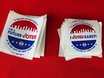 Voting stickers are seen during the New York Primary elections at the Brooklyn Museum. Voting stickers are seen during the New York Primary elections at the Brooklyn Museum.
