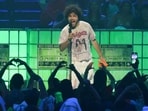US producer/songwriter Benny Blanco accepts the Favorite Viral Song award for "Bluest Flame" on stage during the Nickelodeon Kids' Choice Awards at Barker Hangar in Santa Monica, California on June 21, 2025. 