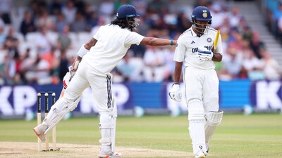 Sai Sudharsan gets a pat on the back from KL Rahul. The debutant worked his way off a pair and scored 30, but looked nervous through his innings, finally being dismissed by Stokes for the second time this Test. He will still feel the need to prove himself after a challenging Test debut. (Action Images via Reuters)