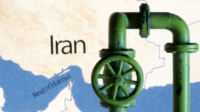 A map showing the Strait of Hormuz and Iran is seen behind a 3D printed oil pipeline in this illustration taken June 22, 2025. (Reuters)