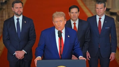US President Donald Trump addresses the nation, alongside US Vice President JD Vance (L), US Secretary of State Marco Rubio (2nd R) and US Secretary of Defense Pete Hegseth (R), from the White House in Washington, DC on June 21, 2025, following the announcement that the US bombed nuclear sites in Iran. (AFP) US President Donald Trump addresses the nation, alongside US Vice President JD Vance (L), US Secretary of State Marco Rubio (2nd R) and US Secretary of Defense Pete Hegseth (R), from the White House in Washington, DC on June 21, 2025, following the announcement that the US bombed nuclear sites in Iran. (AFP)