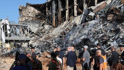 Israel's Prime Minister Benjamin Netanyahu visits the site of the Weizmann Institute of Science, which was hit by an Iranian missile barrage, in the central city of Rehovot. (Jack Guez/AFP) Israel's Prime Minister Benjamin Netanyahu visits the site of the Weizmann Institute of Science, which was hit by an Iranian missile barrage, in the central city of Rehovot. (Jack Guez/AFP)