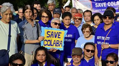 Residents of Colaba held a silent protest march on May 3 against the proposed jetty between Radio Club and Gateway Of India, at Dr Babasaheb Ambedkar Statue, Churchgate in Mumbai, India, on Saturday, May 3, 2025. (Photo by Anshuman Poyrekar/ Hindustan Times) (Hindustan Times) Residents of Colaba held a silent protest march on May 3 against the proposed jetty between Radio Club and Gateway Of India, at Dr Babasaheb Ambedkar Statue, Churchgate in Mumbai, India, on Saturday, May 3, 2025. (Photo by Anshuman Poyrekar/ Hindustan Times) (Hindustan Times)