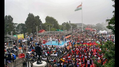 Spectators during an international professional boxing championship, on The Ridge in Shimla on Sunday. (PTI) Spectators during an international professional boxing championship, on The Ridge in Shimla on Sunday. (PTI)
