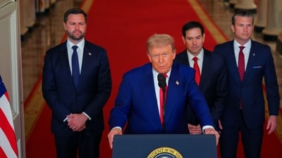 US Vice President JD Vance, from left, US President Donald Trump, Marco Rubio, US secretary of state, and Pete Hegseth, US secretary of defense, during an address to the nation in the East Room of the White House in Washington (Bloomberg) US Vice President JD Vance, from left, US President Donald Trump, Marco Rubio, US secretary of state, and Pete Hegseth, US secretary of defense, during an address to the nation in the East Room of the White House in Washington (Bloomberg)