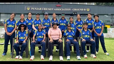 The Ludhiana under-19 women’s cricket team after securing a spot in the semifinals of the Punjab Inter-District Under-19 Women’s Tournament 2025-26, organized by the Punjab Cricket Association. (HT Photo)