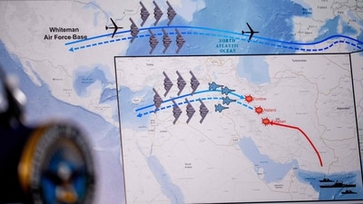 Operation Midnight Hammer timeline. (Photo by Andrew Harnik / GETTY IMAGES NORTH AMERICA / Getty Images via AFP) (Getty Images via AFP) Operation Midnight Hammer timeline. (Photo by Andrew Harnik / GETTY IMAGES NORTH AMERICA / Getty Images via AFP) (Getty Images via AFP)