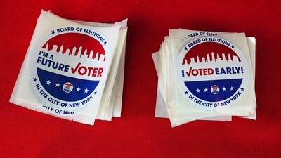 Voting stickers are seen during the New York Primary elections at the Brooklyn Museum. (Getty Images via AFP) Voting stickers are seen during the New York Primary elections at the Brooklyn Museum. (Getty Images via AFP)