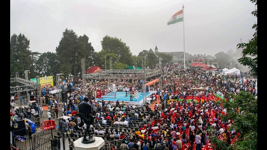 Spectators during an international professional boxing championship, on The Ridge in Shimla on Sunday. (PTI)