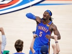 Oklahoma City Thunder guard Luguentz Dort (5) celebrates after NBA championship win
