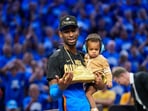 Oklahoma City Thunder guard Shai Gilgeous-Alexander (2) after winning game seven of the 2025 NBA Finals against the Indiana Pacers at Paycom Center.