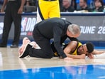Indiana Pacers guard Tyrese Haliburton (0) reacts after suffering an injury during the first quarter against the Oklahoma City Thunder during game seven of the 2025 NBA Finals at Paycom Center.