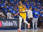 Indiana Pacers guard Tyrese Haliburton reacts after making a 3-pointer during the first half of Game 7 of the NBA Finals basketball series against the Oklahoma City Thunder Sunday, June 22, 2025, in Oklahoma City. Indiana Pacers guard Tyrese Haliburton reacts after making a 3-pointer during the first half of Game 7 of the NBA Finals basketball series against the Oklahoma City Thunder Sunday, June 22, 2025, in Oklahoma City.