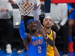 Oklahoma City Thunder guard Shai Gilgeous-Alexander, left, shoots against Indiana Pacers guard Andrew Nembhard during the second half of Game 7 of the NBA Finals basketball series Sunday, June 22, 2025, in Oklahoma City. Oklahoma City Thunder guard Shai Gilgeous-Alexander, left, shoots against Indiana Pacers guard Andrew Nembhard during the second half of Game 7 of the NBA Finals basketball series Sunday, June 22, 2025, in Oklahoma City.