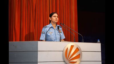 IAF wing commander Vyomika Singh at LPU’s scholarship event on Monday. (HT)
