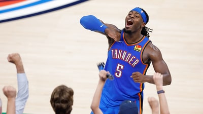 Oklahoma City Thunder guard Luguentz Dort (5) celebrates after NBA championship win (IMAGN IMAGES via Reuters Connect)