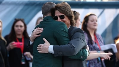 US actor and producer Brad Pitt (L) and US actor Tom Cruise (R) embrace upon arrival for the European Premier of F1 The Movie, at Cineworld Leicester Square, central London, on June 23, 2025. (AFP) US actor and producer Brad Pitt (L) and US actor Tom Cruise (R) embrace upon arrival for the European Premier of F1 The Movie, at Cineworld Leicester Square, central London, on June 23, 2025. (AFP)