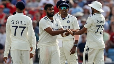 Jasprit Bumrah (C) celebrates with teammates after taking the wicket of England's Ben Duckett on day two of the first cricket test match between England and India at Headingley (AFP) Jasprit Bumrah (C) celebrates with teammates after taking the wicket of England's Ben Duckett on day two of the first cricket test match between England and India at Headingley (AFP)