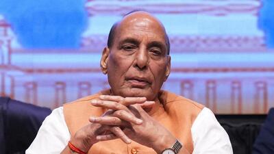 Defence minister Rajnath Singh during the release of the second volume of 'Wings to Our Hopes' and its Hindi version 'Ashaon Ki Udaan', collections of selected speeches by President Droupadi Murmu, at the Rashtrapati Bhavan Cultural Centre, in Delhi, on Monday. (PTI) Defence minister Rajnath Singh during the release of the second volume of 'Wings to Our Hopes' and its Hindi version 'Ashaon Ki Udaan', collections of selected speeches by President Droupadi Murmu, at the Rashtrapati Bhavan Cultural Centre, in Delhi, on Monday. (PTI)