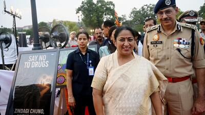 Delhi chief minister Rekha Gupta with Delhi Police commissioner Sanjay Arora on Sunday. (Salman Ali/HT photo)
