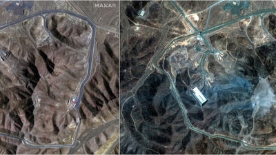 A combination picture shows satellite images over Fordow underground complex, before and after the U.S. struck the underground nuclear facility, near Qom, Iran, June 20, 2025 (L) and June 22, 2025. (Reuters)