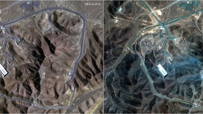 A combination picture shows satellite images over Fordow underground complex, before and after the U.S. struck the underground nuclear facility, near Qom, Iran, June 20, 2025 (L) and June 22, 2025. (Reuters)