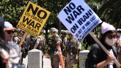 US Marines stand guard as demonstrators protest against the United States joining with Israel in attacks on Iran's nuclear facilities, (Source: Reuters) (REUTERS)